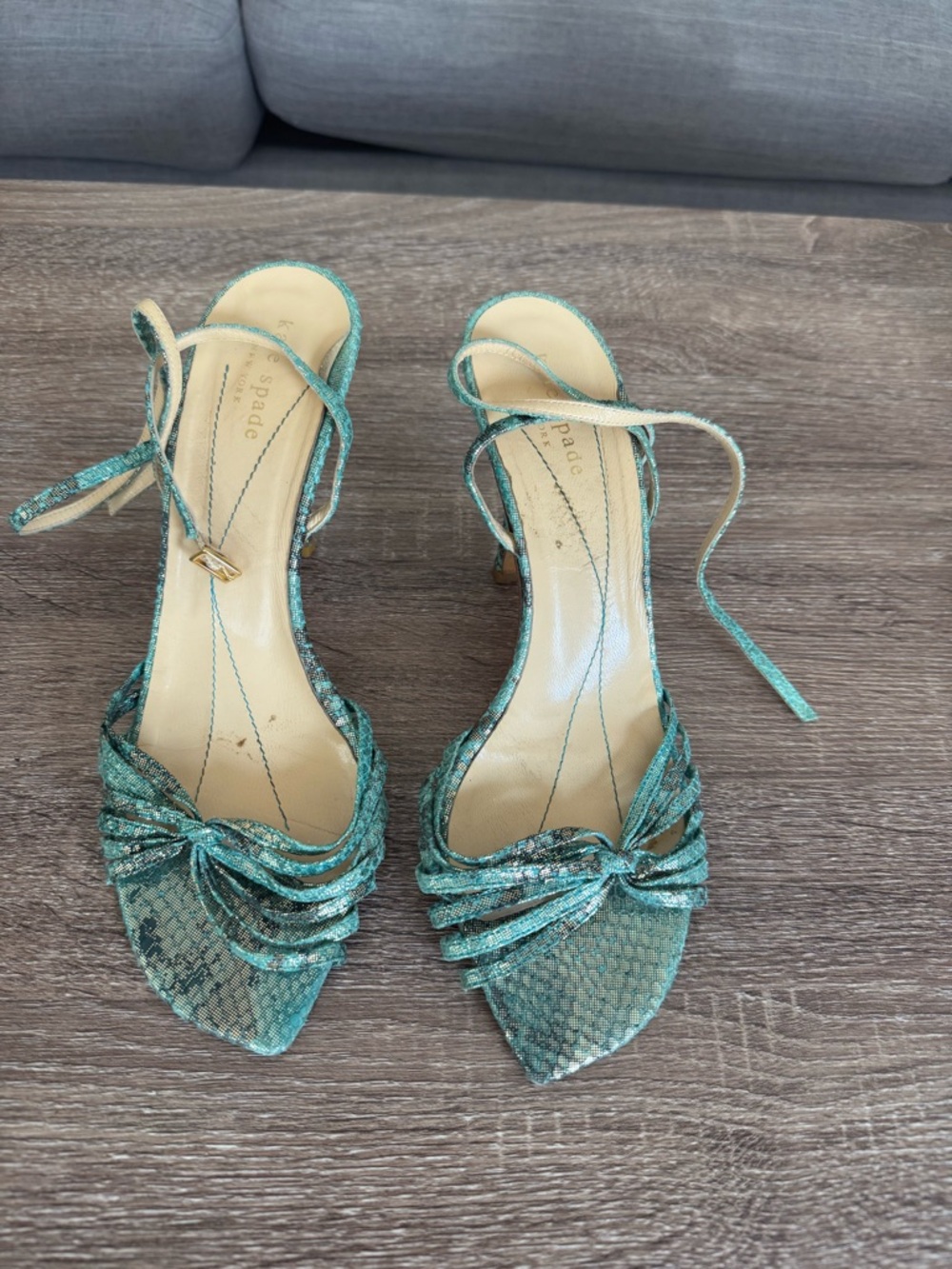 kate spade Teal Snake-Print Heeled Sandals